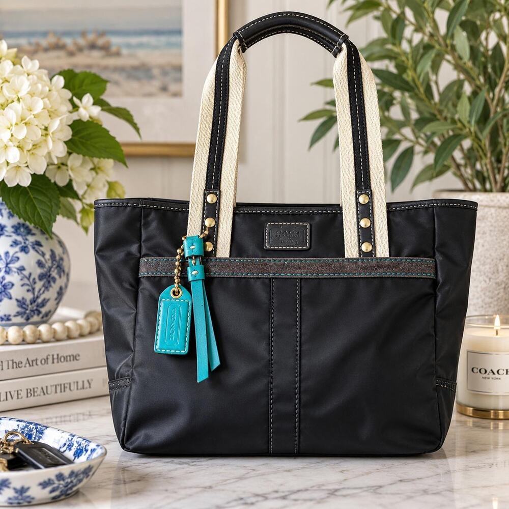 Coach Hamptons Weekend Black Nylon Tote Bag Turquoise Hangtag Signature C